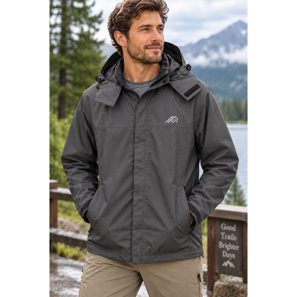 NWT OKX Rain Jacket Dark Gray Waterproof Hooded Windbreaker Outdoor Tech L